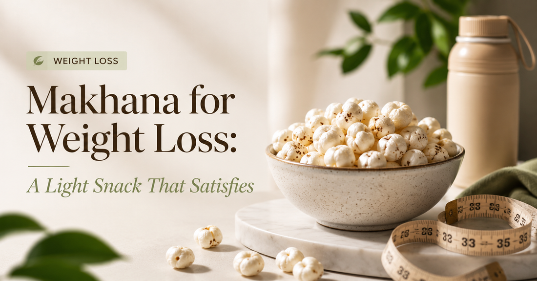 Bowl of makhana with wellness props for article about mindful weight management