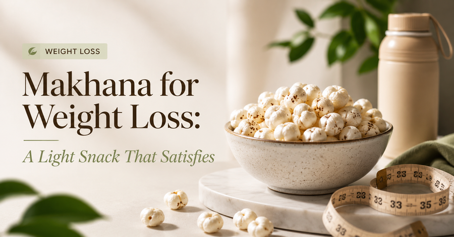 Bowl of makhana with wellness props for article about mindful weight management