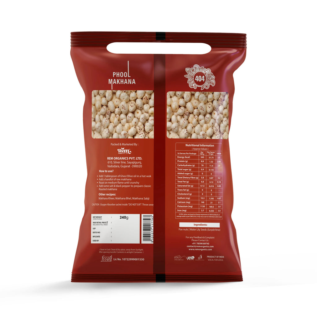 404 Phool Makhana (Fox Nuts) – Premium Quality | 240g Rem Organics - Premium Makhana (Fox Nuts) Online | 100% Natural Healthy Snacks